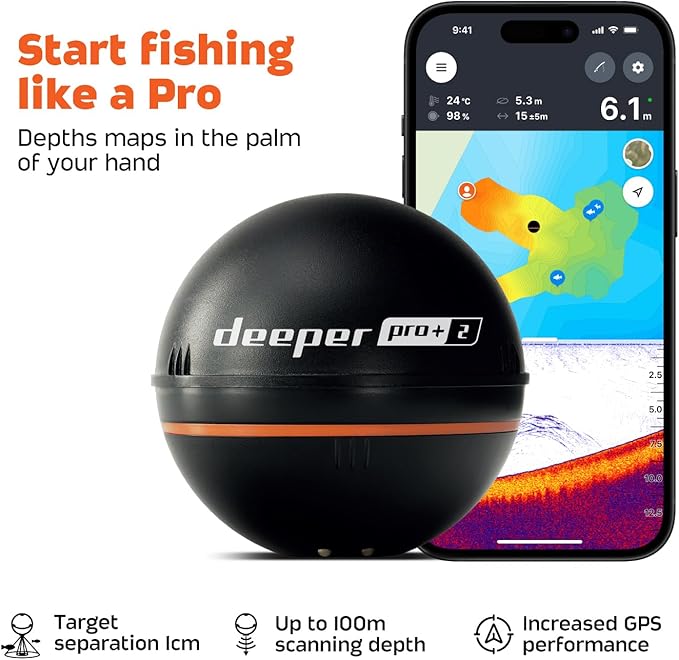 Deeper PRO+ 2 Sonar - Portable Fish Finder and Depth Finder for Kayaks, Boats and Ice Fishing with GPS Enabled | Castable Deeper Sonar with Free User Friendly App