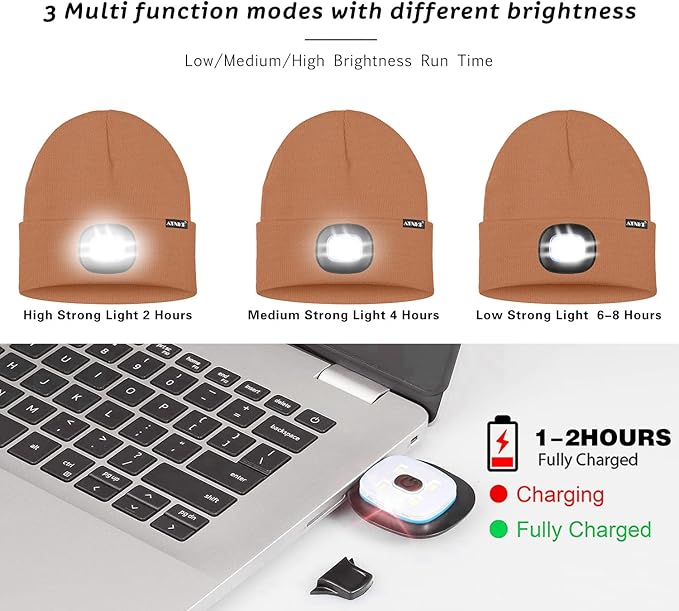 ATNKE LED Lighted Beanie Hat,USB Rechargeable 4 LED Running Headlamp Bright Cap with The Light Gifts for Men and Women
