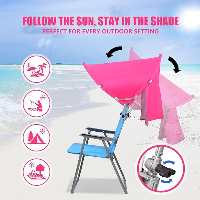 XL Universal Chair Canopy Umbrella, UPF 50+ Foldable Sun Shade Attachment with Adjustable Clamp, Fits Most Brands’ Beach, Camping, Lawn, Tanning, Zero Gravity, Lounge & Fishing Chairs