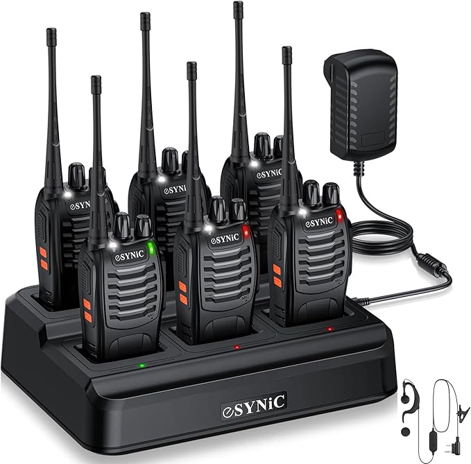 eSynic 6Pack Walkie Talkies 5KM Long Range Walky Talky Rechargeable Long Battery Life 16 Channel Walkie Talkie with Original Earpiece Durable Walkie Talkies Built-in Flashlights for Camping Family Use