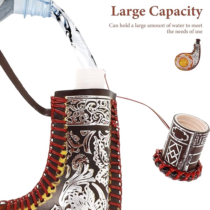 Amosfun Retro Wine Bota Vintage Leather Canteen Hip Flask Pouch Container Mongolia Water Bag with Strap for Travel, Camping, Hiking, 12.20 X 8.07 X 0.98 Inches