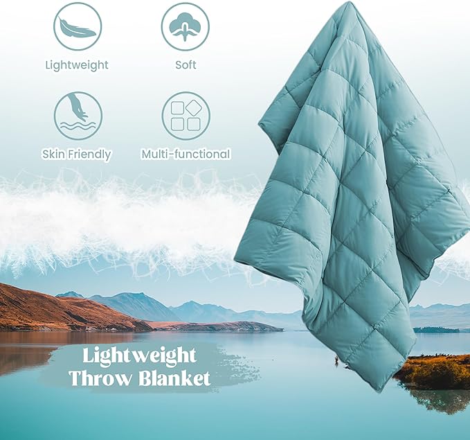 puredown® Soft Feather Down Throw Blanket Lightweight Packable Couch Throw for Indoor and Outdoor Use, 50"X70", Teal Blue