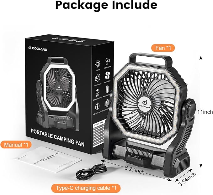 Odoland Rechargeable Camping Fan, 20000mAh Battery Fans with LED Lantern for Tent Car Beach Storm, Portable Ventilador Recargable Light Desk Fan for Picnic Power Outage Hurricane, Black