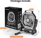 Odoland Rechargeable Camping Fan, 20000mAh Battery Fans with LED Lantern for Tent Car Beach Storm, Portable Ventilador Recargable Light Desk Fan for Picnic Power Outage Hurricane, Black