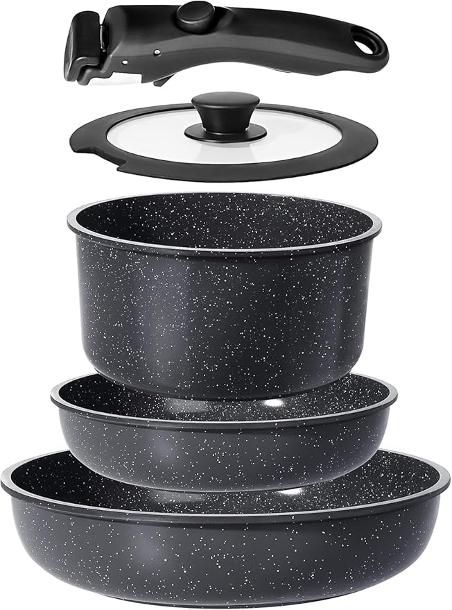 GiPP Ceramic Pots and Pans Set Non Stick, Nonstick Detachable Handle Cookware Sets, Non Toxic Induction Kitchen Pot and Pan with Removable Handle, Healthy RV Cookware, Dishwasher ＆Oven Safe, 5 Piece