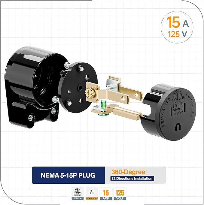 (5PACK) ETL Listed 90 Degree USA Canada Male Plug Nema 5-15P 3 Pole Angle DIY Plug, 15A 125V USA 3Pin Right Angle AC Plug