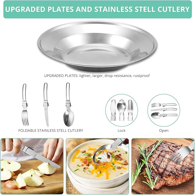 VinTeam 21pcs Camping Cookware Mess Kit with Folding Camping Stove, Lightweight Pot Pan Kettle Set with Stainless Steel Cups Plates Forks Knives Spoons for Camping Backpacking Outdoor Picnic