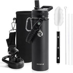 Insulated Water Bottle 20 oz, Triple Wall Vacuum Stainless Steel (Cold for 48 Hrs), Leak Proof & Non-BPA, Kids Water Bottle Jug for School with Straw Spout Lids, Magic Black