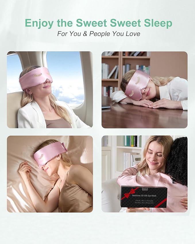 BeeVines 100% Pure Silk 3D Contoured Eye Mask, 22 Momme Mulberry Sleep Mask for Men & Women, Large Size Blindfold for Lash Extensions, Face-Hugging Eye Masks for Sleeping, Travel & Yoga