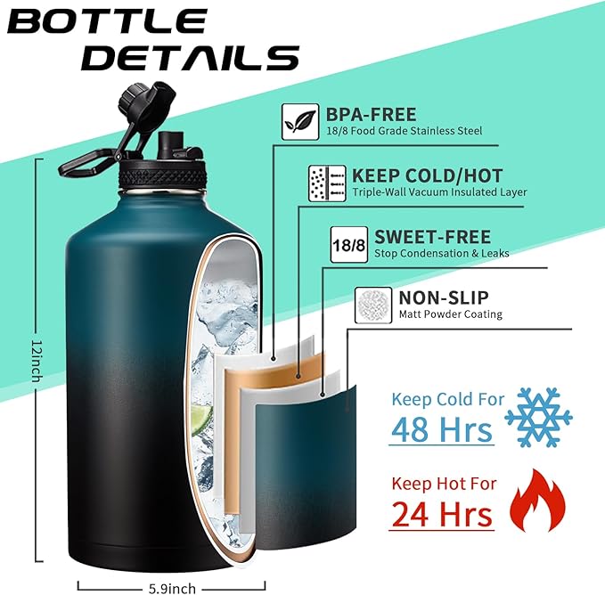 1 Gallon Water Bottle Stainless Steel - 128oz Insulated Flask Water Bottle with Sleeve Strap, Big Water Jug with Straw & Spout Lid, Gym Camping Gallon Water Bottle w/Paracord Handle, protective Boot