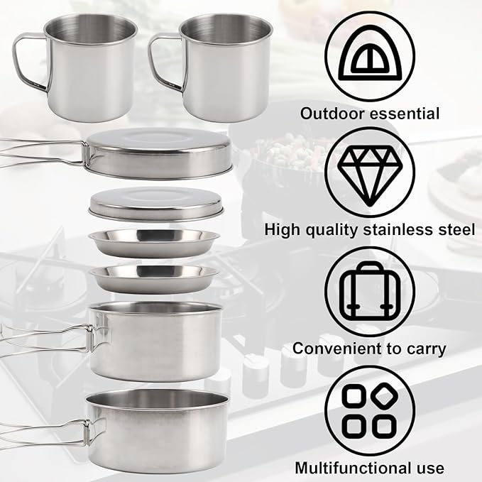 Camping Cookware Mess Kit, 8PCS Stainless Steel Cooking Pot and Pan Set with Plates Cups for Outdoor Camping Hiking Backpacking Lightweight Backpacking Cook Set Stainless Steel Cookware Kit