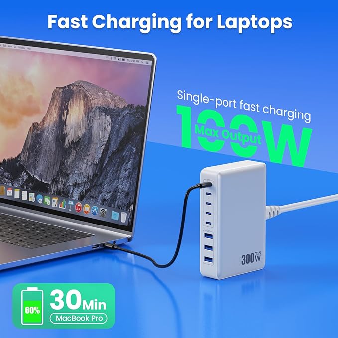 USB C Charger 300W USB C Charger Block 8-Ports GaN IV Fast Charging Station,PD 100W Laptop Hub Wall Charging Adapter Compatible with MacBook/Air,DELL,Steam Desk,iPhone 16/15/14,Samsung Galaxy S24 etc