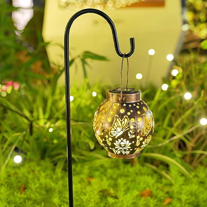 Outdoor Solar Hanging Lantern Lights Metal LED Decorative Lamp for Garden Patio Courtyard Lawn and Table with Hollowed-Out Design (Bronze Butterfly)