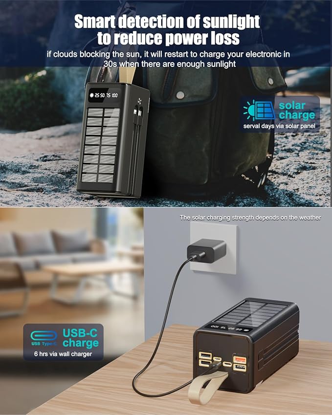 90000mAh Power Bank 35W Fast Charging with Solar Charger,Built-in USB-C/Lightning Cables High Capacity Portable Charger for Camping,Travel,Emergencies,Tech Devices| 9-Port PD/USB-C, LED Flashlight