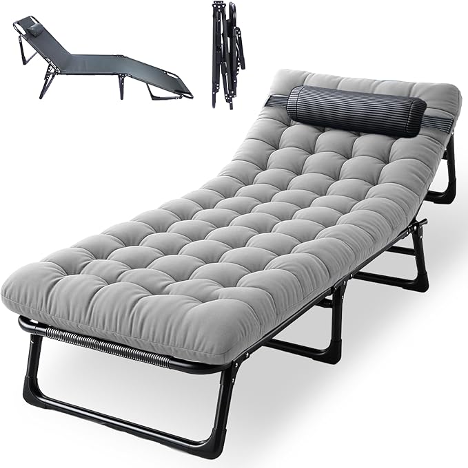 Oxford and Steel Frame 4-Angle Adjustable Foldable Bed Folding Camping Cot Bed with Extra Wide Padded Mattress Support for Adults Outdoor Travel Tent Use(Blue&Gray Mattress,L - 75 * 26'')