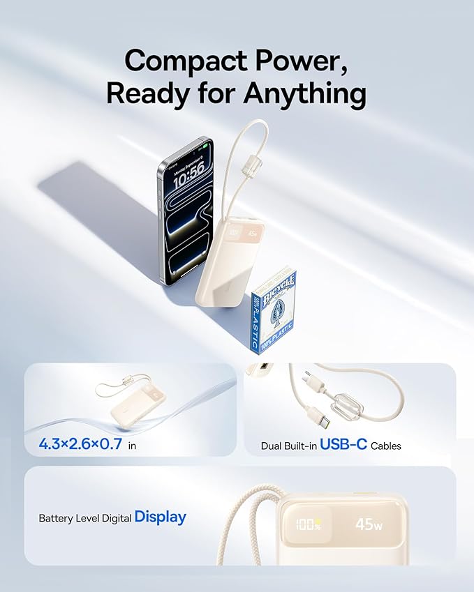 Baseus 45W Ultra Slim 10000mAh Power Bank Built-in USB-C Cables, CCC Certified Portable Charger, Travel Essential Fast Charging Pocket Size Phone Battery Pack for iPhone 17 16 Samsung S25 S24 iPad