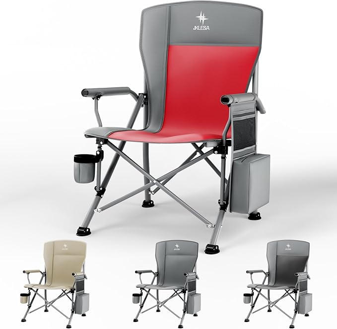 XL Heavy Duty Camping Chair 396lb Capacity (525lb Max) – Waterproof 1680D Oxford Fabric, 2" Padded Seat & Back, Cup Holder, Cooler Pocket, Portable for Camping, Beach & Tailgating (Slate/Red)
