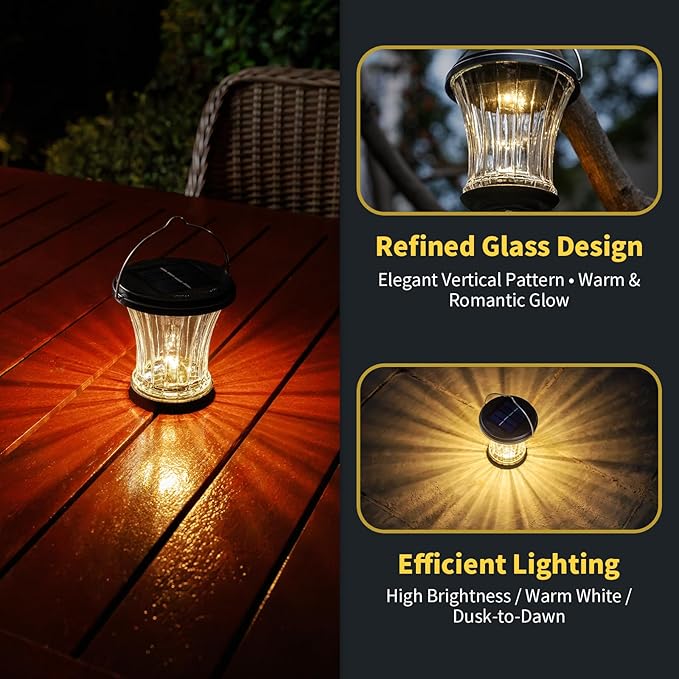 Glass Solar Lantern Outdoor, Waterproof Hanging Solar Lights for Outside with Modular Design, 3000K LED, Auto On/Off Table Lamp for Garden Patio Yard Fence Wall Decorative, Warm White(4 Pack)