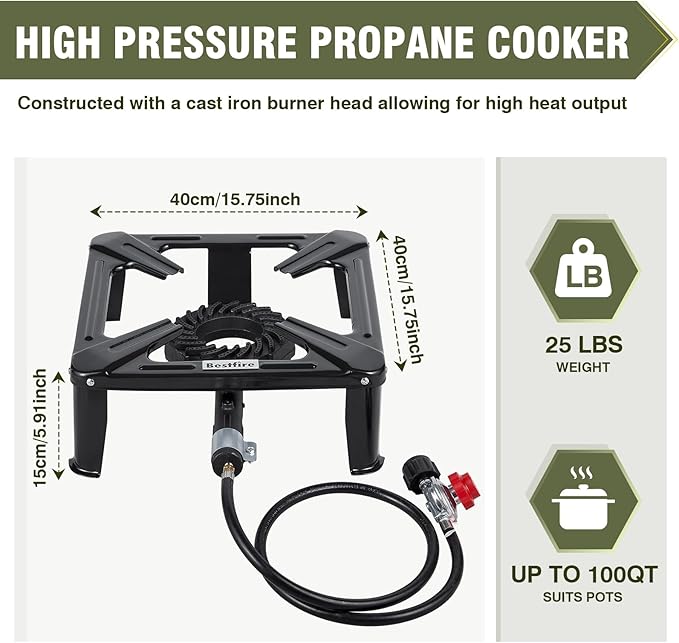 Bestfire High Pressure Propane Burner, 120000 BTU Single Propane Stove with 4.1ft 0-20Psi Adjustable Hose with Regulator, 16" Square Steel Cooktop for Camping