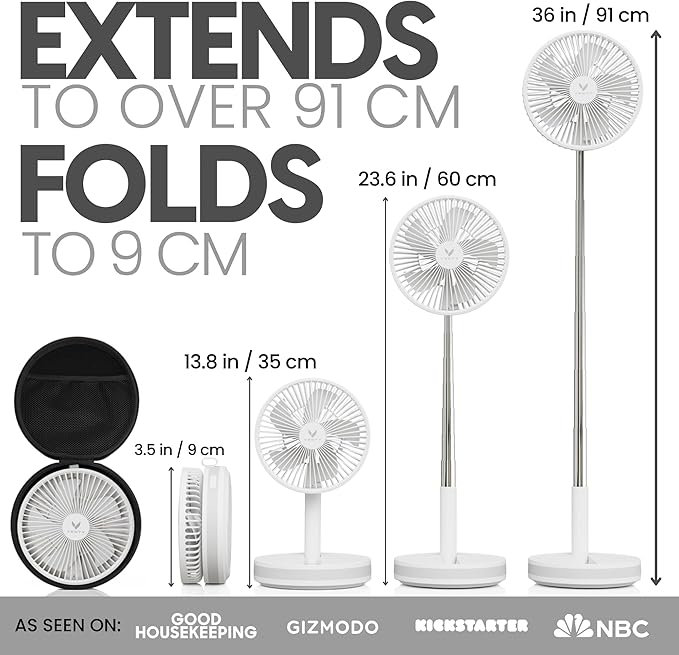 VENTY Portable Fan - Wireless Battery Operated Fan - 4 Speeds - LED Lighting - Carry Case & Remote Control - Cruise Travel - Outdoor Travel RV Power Bank With USB-C Port (White with Case)