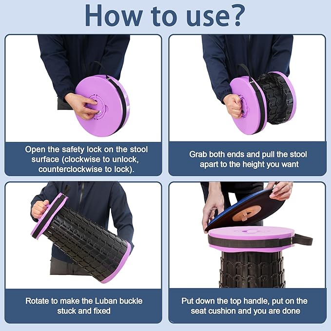 ALEVMOOM 2025 Upgraded XXL 19.7" Collapsible Stool with Cushion, 1000lbs Max Weight Heavy Duty Portable Telescoping Stool, Retractable Seat Folding Chair for Camping Fishing Hiking(Purple-XXL)