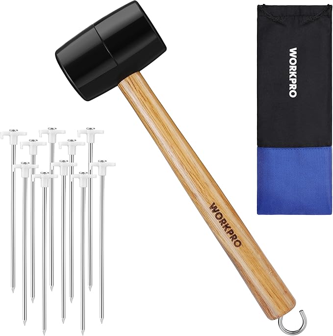 WORKPRO Tent Stakes and Hammer Set, 16oz Rubber Mallet Hammer, Wooden Handle, 10PC Heavy Duty Metal Tent Stakes and Storage Bag, DIY Woodworking, Camping Accessories for Ground, Camp and Garden