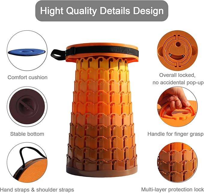 Upgraded XXL Collapsible Stool with Cushion,19.7"H-11.8"D Telescoping Folding Stool for Adults,More Sturdy Portable Camping Stools with Load Capacity 1000lbs for Outdoor,Garden,Fishing,Hiking