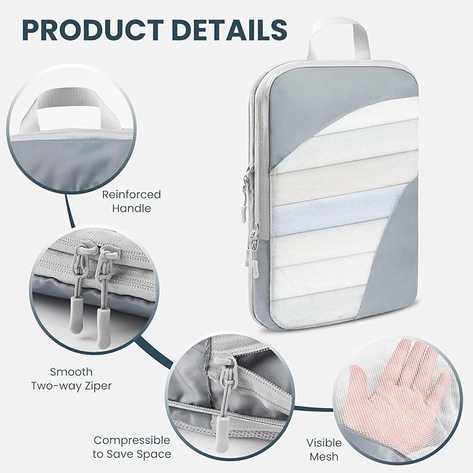10 Set Compression Packing Cubes, Lightweight Travel Essentials, Stretchable Expandable Storage Bags, Compression Bags for Travel Accessories Luggage Storage Set (10 Pcs, Grey)