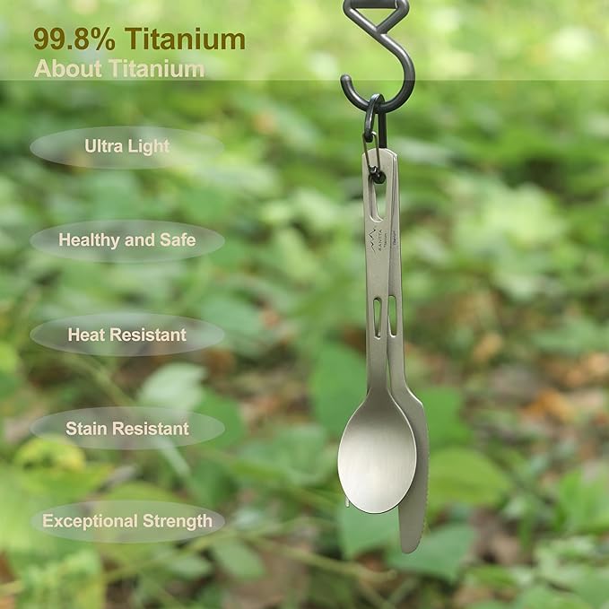 SANTTA Titanium Camping Utensils, Ultra Light Spoon Fork Knife 3 Piece Set, Cutlery Set with Pouch and Carabiner for Outdoor Camping, Hiking, Backpacking, Hiking, Picnic and Travel