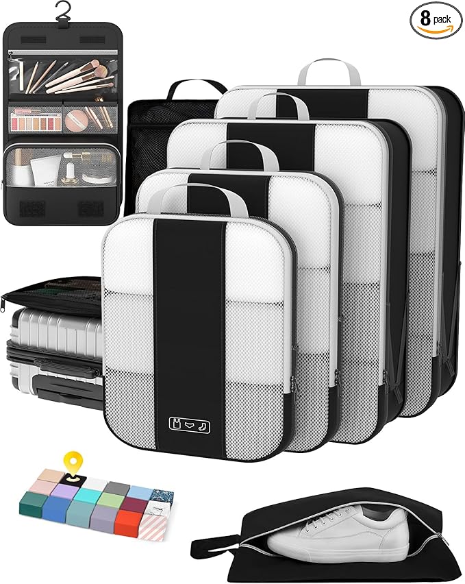 8 Set Compression Packing Cubes for Travel Essentials,Compressible Expandable Packing Cubes for Suitcase,OlarHike Luggage Organizer Bags for Travel,Handy Helper for Organizing Clothes(Black)