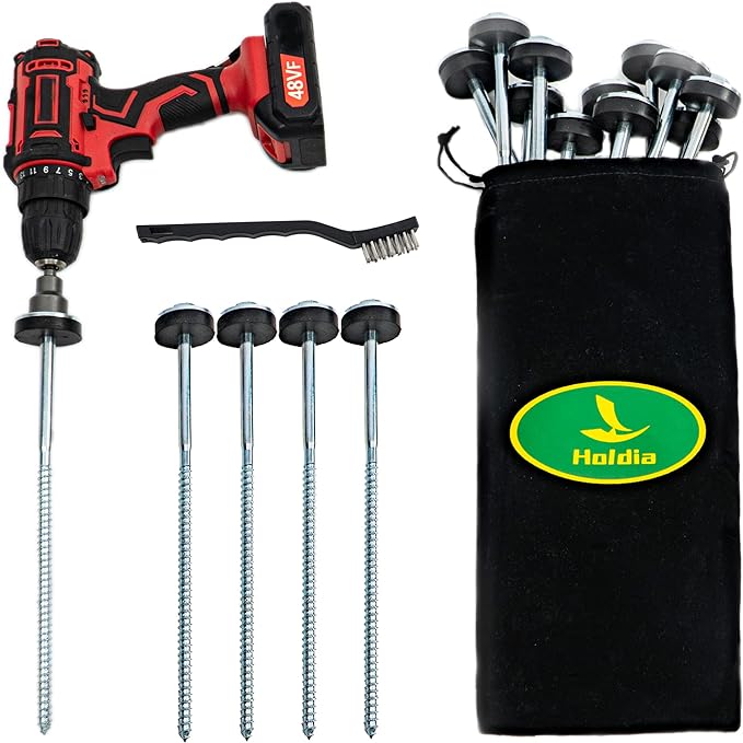 15 Pcs Drillable Tent Stakes 12" | Hex Pegs | Heavy Duty Metal Tent Anchors & Camping Spikes with 17MM Hex Drill Adapter and Storage Bag