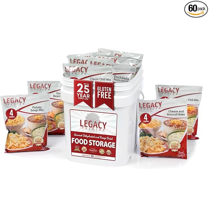 Legacy Food Storage Gluten Free 60 Serving Bucket, Emergency Food Supply, 22,760 Total Calories, 60 Large Servings, Shelf Stable Lunch & Dinner Entrees, Freeze Dried Survival Meals for MRE Camping, Hiking, & Backpacking