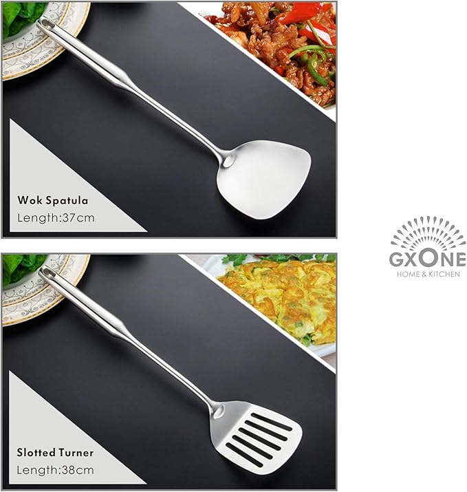 Kitchen Utensil Set – 6 Piece Stainless Steel Cooking Utensils with Rotating Holder Organizer Includes Slotted Spoon, Slotted Spatula, Large Spoon, Soup Ladle, Spatula, Pasta Server Silver/7PCS