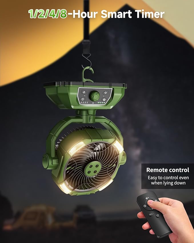 Misting fan with 7L bucket 90°Oscillating ,4 Spray Mister 25000mAh Rechargeable Camping fan with Remote Control Stepless Speed and Timer for Patios/Camping，Waterproof Design Outdoor Fans (Green)