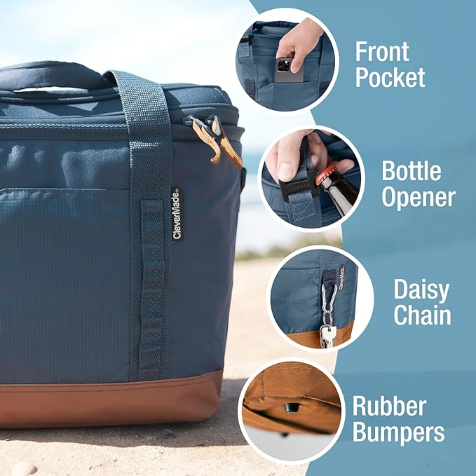 CleverMade Pacifica Collapsible Cooler Bag – Medium Portable Cooler Bag for Travel, Foldable Insulated Cooler for Beach, Picnic & Road Trips, Holds Up to 30 Cans, Leakproof Soft Carry Cooler - Gray