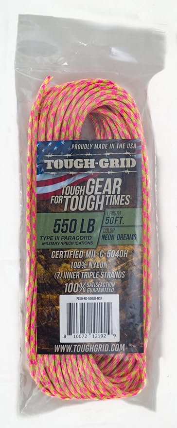 TOUGH-GRID 550 Paracord Rope Nylon Parachute Cord, Made in USA Survival Kit, Outdoor Adventures, Camping, Tactical Gear & Emergency Supplies, Military Type III Mil-Spec