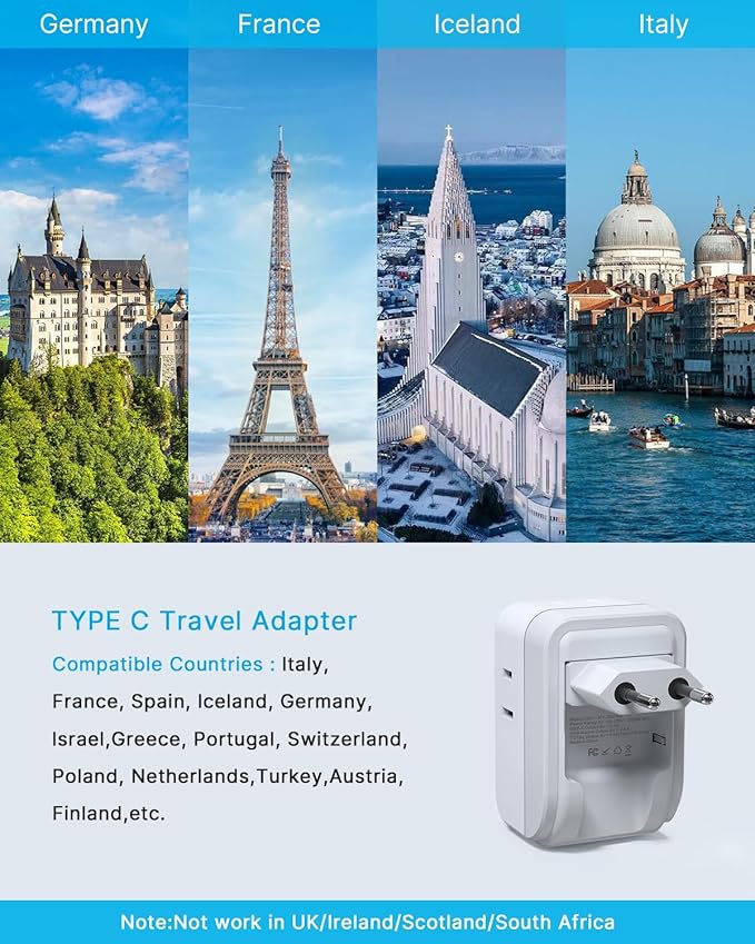 1 Pack European Travel Plug Adapter, VINTAR Foldable International Power Adapter with 4 AC Outlets 3 USB Ports(2 USB C), Type C Adaptor Charger for US to Most of Europe EU Italy Spain France Iceland