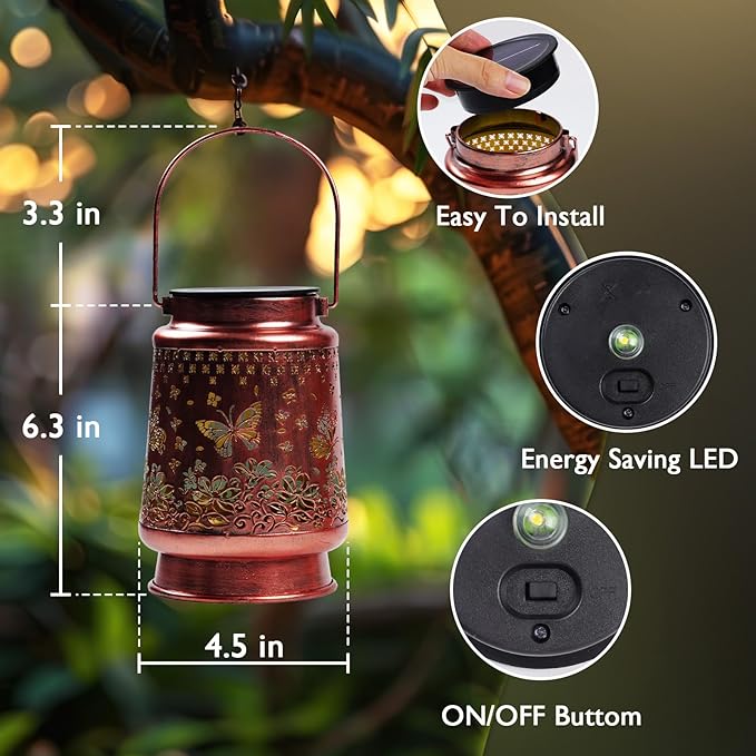 Homemory Solar Lanterns Butterfly Lights Outdoor Waterproof Garden Decor Women Gifts for Birthday, LED Hanging Solar Lights Metal Lantern Decoration Outside for Yard, Patio, Backyard, Porch, Lawn