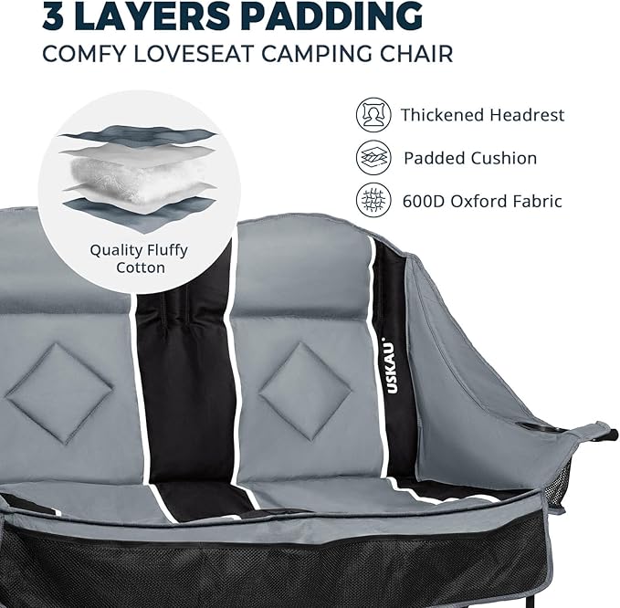 Double Camping Chair for Adults Oversized 2 Person Loveseat Chair for Heavy People, Folding Padded Outdoor Seat with Cup Holders & Carry Bag, 660 lbs Capacity, for Camping, Sports, Backyard