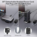 USB C Fast Charger Block 200W, 8 Ports Charging Station for iPhone/Ipad/MacBook, 4C4A GaN Charger Box, Flat Plug Multi Chargers for All Devices 5ft Braided Power Cord with On/Off Switch