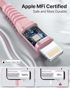 Aioneus iPhone Charger 10 ft 2Pack, (Apple Certified) Lightning Cable 10 Foot Nylon Braided Fast Charging Extra Long 10ft iPhone Cord Compatible with iPhone 13 12 11 XS XR 10 8 7 6 Plus - Pink