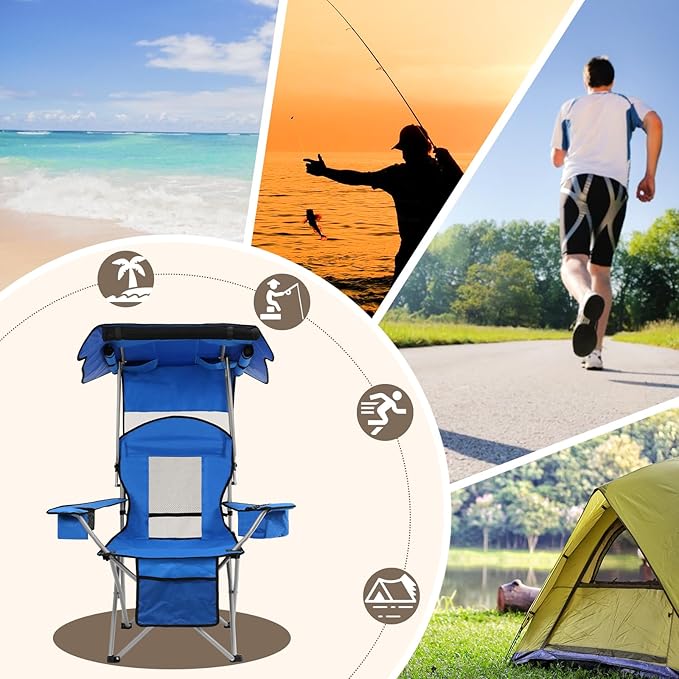 BDL Camping Chair with Canopy Shade Portable Foldable Canopy Chair with Cooler, Mesh Backrest, Cup Holder, and Pocket for Camping, Fishing, Beach, and Sports,Sky-Blue