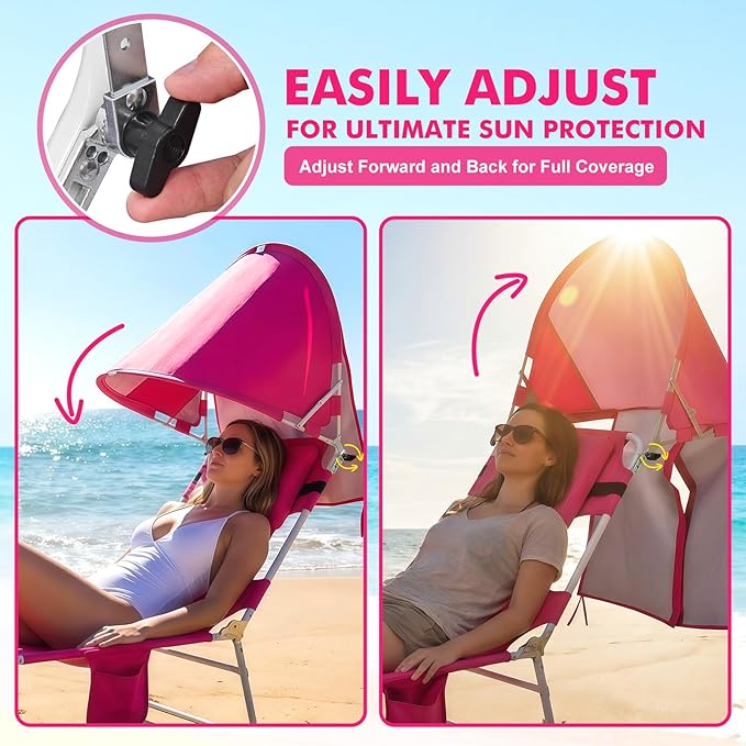 Backpack Beach Tanning Chair with Canopy and Face Hole, 6-Position Folding Lay Out Lounge Chair, UPF 50+ Wind-Resistant Sun Shade, Portable Recliner for Sunbathing, Outside, Poolside, Pink, Patented