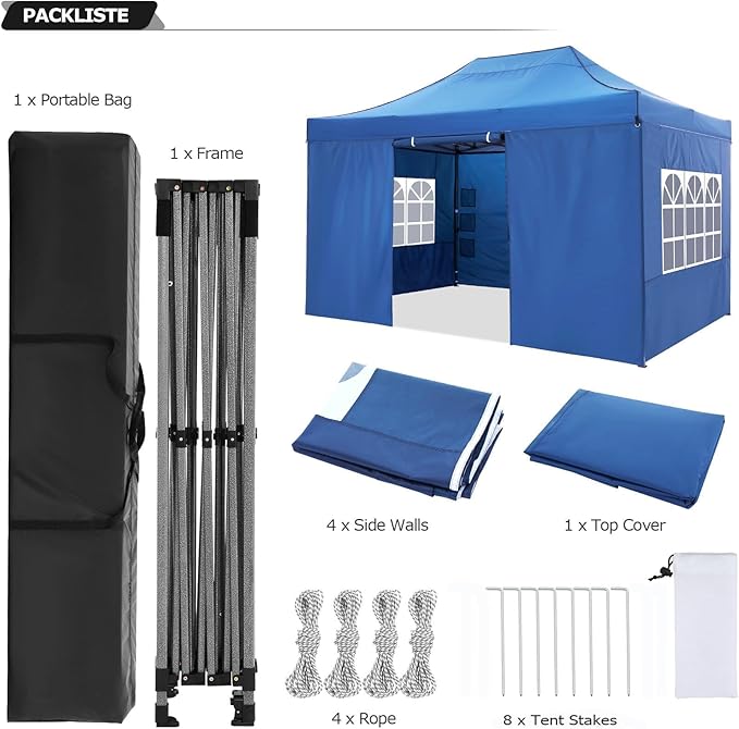 COBIZI 10x15 Pop up Canopy Tent 10x15 Canopy with 4 Sidewalls Waterproof Heavy Duty Commercial Canopy Tent for Parties Outdoor Tent Garden Gazebo Tent, Carry Bag(10x15ft, Blue)