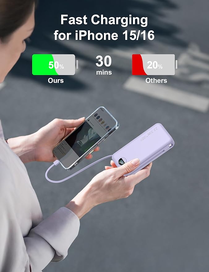 20000mAh Ultra-Portable-Charger-Power-Bank with Built in Cables&AC Wall Plug,PD20W USB-C Fast Charging Cell Phone Charger Battery Pack,LED Display Travel Battery Bank for All iPhone,Samsung,Android