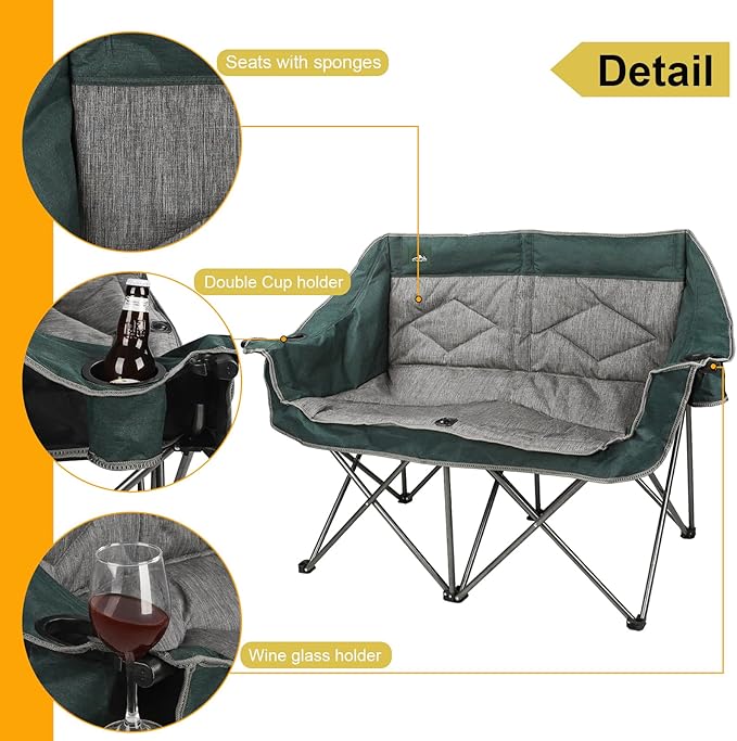 Northroad Folding Loveseat Camping Chair Portable Double Duo Full Padded Garden Chair for 2 Person Sofa w/ 2 Cup Holder,Wine Glass Holder,Mesh Storage,Support 600lbs for Picnic Beach Travel