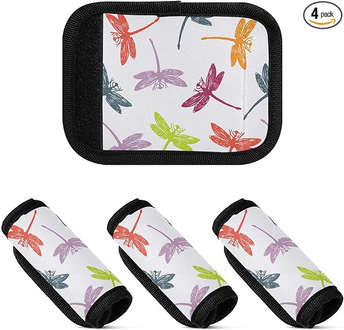 4 PC Luggage Handle Wrap Luggage Handle Covers Tags for Suitcase Bags Travel Luggage Handle Identifier Gripper Dragonfly Colorful
