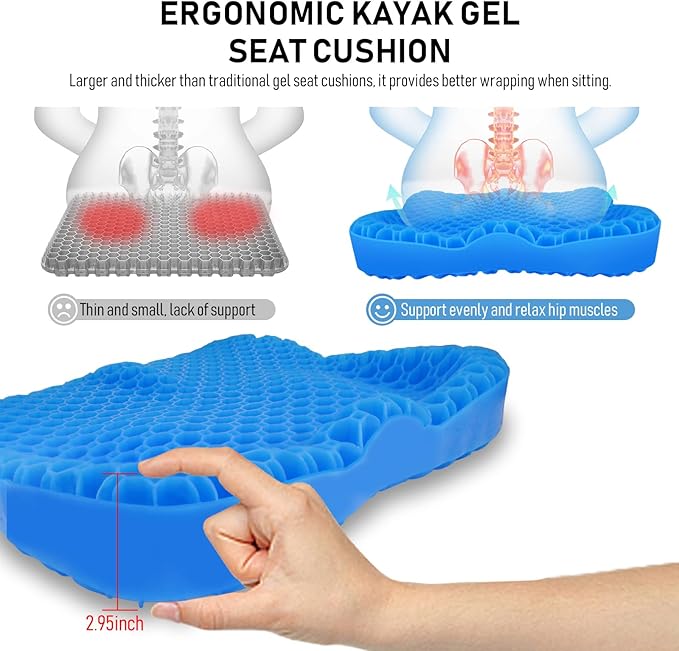 NEW-Vi Anti-Slip Kayak Seat Cushion - Double Thicken Gel Boat Cushion, Waterproof Kayak Gel Seat Cushion, Coccyx Sciatica Pain Relief, Kayak Accessories for Fishing, Kayak Fishing Accessories