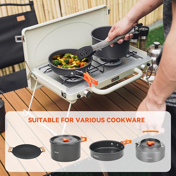 ONLYFIRE OUTDOOR LIVING Portable Camping stove 2-Burner, Propane Gas Stove with Foldable Legs, Camp Stove for Camping, Patio, Backyard, Picnic, Tailgating, RV, BBQ, GS331 Off-white