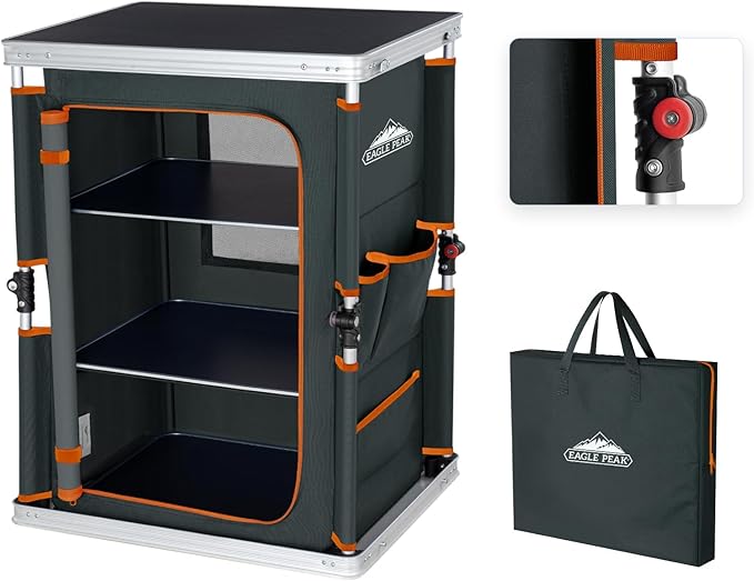 EAGLE PEAK Outdoor Folding Camping Table with Large 3-Tier Storage Organizer and Side Pockets, Easy Set Up Portable Aluminum Camping Kitchen, Gray